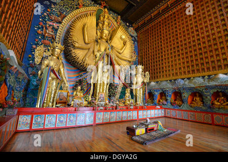 Tibetischen Buddhismus, neuen großen vergoldeten Buddha-Statue, Avalokiteshvara mit tausend Armen, Wutun Si Monastery, Tongren, Repkong Stockfoto