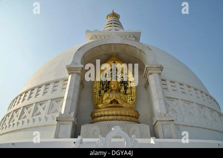 Skulptur eines goldenen sitzenden Buddha, World Peace Stupa, Geier Peak, buddhistische Pilgerstätte, Ragir, Rajgir Stockfoto