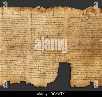 5503. TEIL DES JESAJA ZU BLÄTTERN, DIE LÄNGSTE UND ÄLTESTE (CA. 100 V. CHR.) DER SCHRIFTROLLEN VOM TOTEN MEER IN QUMRAN GEFUNDEN. Stockfoto