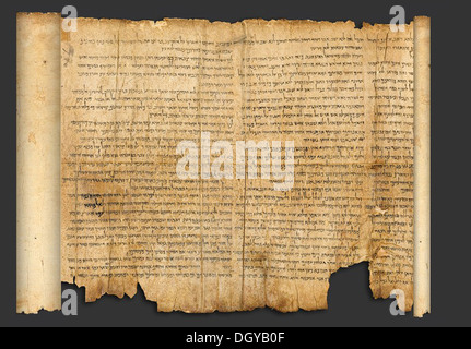 5503. TEIL DES JESAJA ZU BLÄTTERN, DIE LÄNGSTE UND ÄLTESTE (CA. 100 V. CHR.) DER SCHRIFTROLLEN VOM TOTEN MEER IN QUMRAN GEFUNDEN. Stockfoto