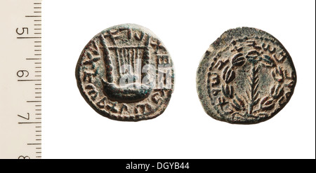 5535. MÜNZE DES BAR-KOHBA KRIEGES GEGEN DIE RÖMER, JAHR1. DARSTELLUNG EINE FÜNF SAITIGE BREITE LYRA, DIE MÖGLICHERWEISE IN DIE TEMPEL-ZEREMONIEN VERWENDET Stockfoto