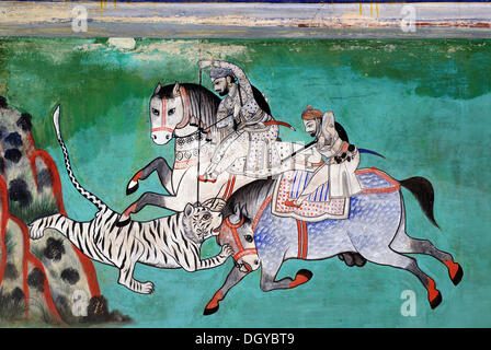 Fresko von einer Jagd Szene, Juna Mahal, antiken Palast von Dungarpur, Rajasthan, Indien, Asien Stockfoto