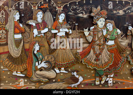 Radha Krishna mit den Gopis und Flötenspiel Krishna, Suraj Kund, Haryana, Indien Stockfoto