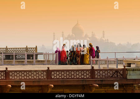 Frauen in bunten Saris im Roten Fort, das Taj Mahal auf Rückseite, Agra, Uttar Pradesh, Indien Stockfoto