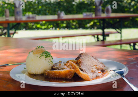 Schweinebraten Sie mit Knödel in einem Bier Garten, bayerische Lebensmittel, Bayern Stockfoto