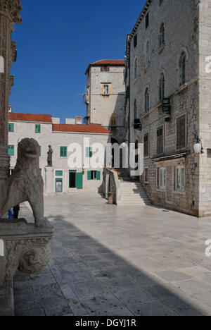 Historische Altstadt, Löwe vor der Kathedrale Sveti Jakov, Kathedrale von St. James, auf Trg Republike hrvatske, Sibenik Stockfoto