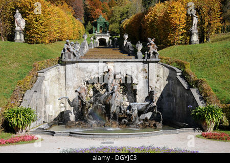 Pavillon, Kaskaden, Neptun-Brunnen, Schlosspark Gärten, Schloss Linderhof Musikpalast, Graswangtal, Bayern Stockfoto