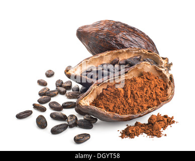 Kakaofrucht, Bohnen und Pulver isoliert auf weißem Hintergrund Stockfoto
