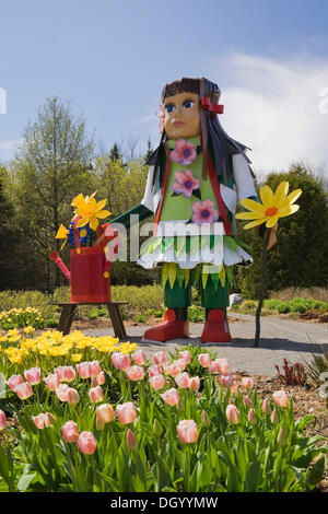 Ein grosses native Mädel wie Puppe steht neben einem Patch von rosa und gelbe Tulpen im Garten Gruß an die "Route des Gerbes Stockfoto