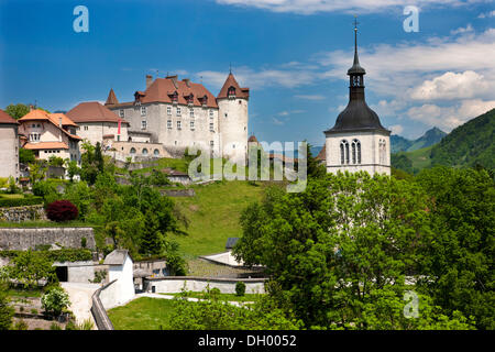 Gruyeres Schloss, Freiburgeralpen, Schweiz, Europa Stockfoto