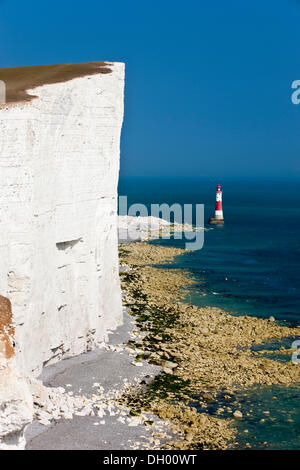 Leuchtturm und weißen Kalkstein-Klippen bei Beachy Head, sieben Schwestern Country Park, East Sussex, England, Vereinigtes Königreich Stockfoto