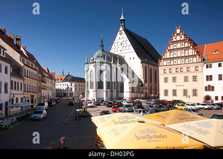 Untermarkt quadratisch mit Dom St. Marien und Domherrenhof, jetzt die Stadt und Bergbaumuseum, Freiberg, Erzgebirge Stockfoto