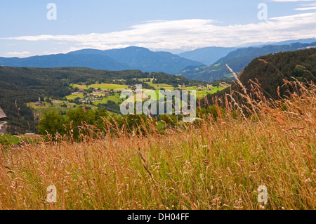 Blick über Platz der hohen alpinen Wiese in Richtung Berge Norditaliens, in der Nähe von Kastelruth/Kastelruth, Italien Stockfoto