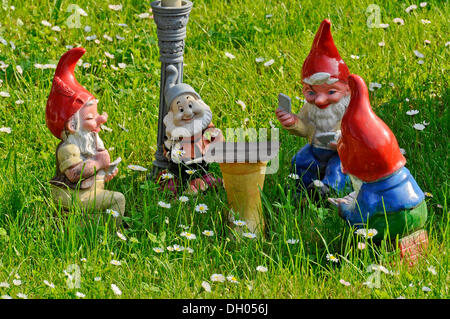 Garden GNOME Spielkarten im Garten, Bueches nahe Buedingen, Hessen, PublicGround Stockfoto