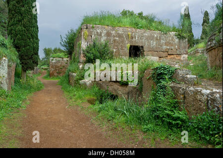 Antike Cube Grab Tomba eine Dado, etruskischen Nekropole von La Banditaccia, Necropoli della Banditaccia, Cerveteri Stockfoto