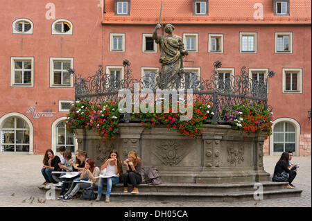 Brunnen der Gerechtigkeit, neue Waag oder Verwaltungsgericht, Haidplatz Quadrat, Altstadt von Regensburg, Oberpfalz, Bayern Stockfoto