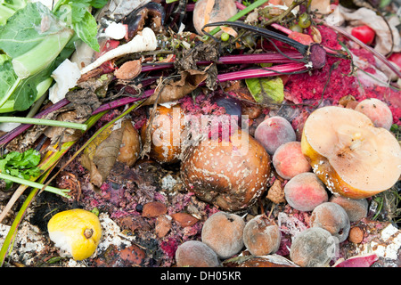 Kompostierung Haufen verwesender Küche Obst und Gemüse Fetzen Stockfoto