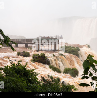 Flut geschwollenen Fluss zur berühmten Iguazu Wasserfälle an der Grenze zwischen Brasilien und Argentinien. Stockfoto