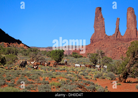 Navajo Cowboy mit Mustangs, drei Schwestern rock Formation, Utah, USA Stockfoto