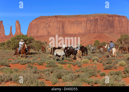 Navajo Cowboys mit Mustangs, drei Schwestern rock Formation, Utah, USA Stockfoto