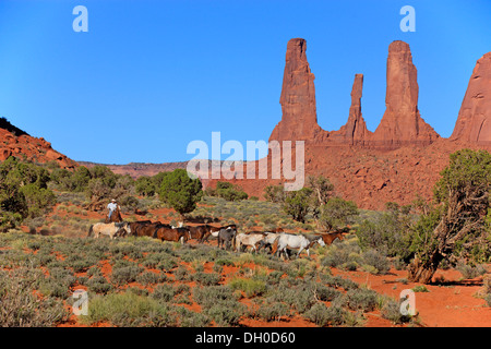 Navajo Cowboy mit Mustangs, drei Schwestern rock Formation, Utah, USA Stockfoto