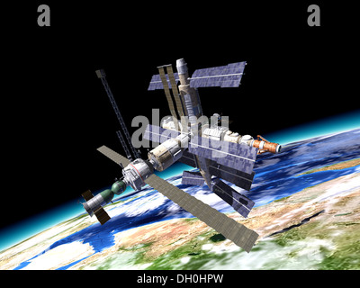 Russische Raumstation, im Orbit auf der Erde, mit Nahaufnahme. Stockfoto
