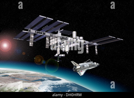 International Space Station (ISS) in der Umlaufbahn um die Erde, mit Shuttle. mit einigen Starlights-Effekte und die Erde an der Unterseite. Stockfoto