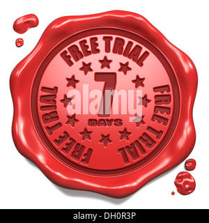 Kostenlose Testversion 7 Tage - Stempel auf Siegel aus rotem Wachs. Stockfoto