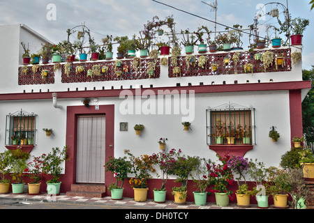 Haus im spanischen Dorf mit vielen Pflanzen in Töpfen draußen und auf dem Dach Stockfoto