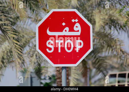 Stoppschild mit arabische und lateinische Schrift, Abu Dhabi, Vereinigte Arabische Emirate Stockfoto