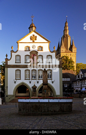 Marktplatz mit dem Petrus-Brunnen vor dem Rathaus und der Propstei Kirche des Heiligen Petrus und Andreas, Brilon Stockfoto