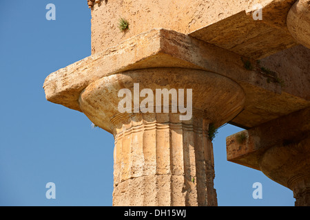 Dorischen griechischen Großbuchstaben & Säulen der Tempel der Hera von Paestum erbaute über 460-450 v. Chr.. Ausgrabungsstätte Paestum, Italien. Stockfoto