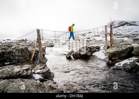 Wanderer, die über kleine Brücke über Mountain Stream, Norwegen, Europa Stockfoto