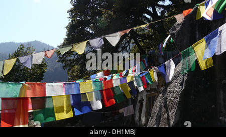 Nepal Malemchigaun Sherpa Dorf, Langtang. Gebetsfahnen. Stockfoto