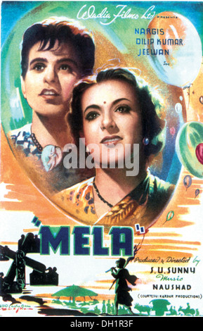 Indisches bollywood hindi Filmplakat von Mela, Wadia Films, Nargis, Dilip Kumar, Jeewan, Naushad, USA Sonnig, Indien, alter Jahrgang 1900s Bild Stockfoto