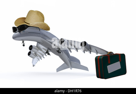 Flugzeug mit Hut, Sonnenbrille und Tasche, die verlässt, 3d illustration Stockfoto