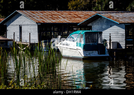 Boote und Motoryacht mit türkisfarbenen Baldachin vor Anker von Bootshäusern, See Dora, Mount Dora, Florida USA Stockfoto