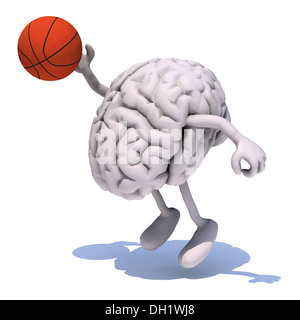 menschliche Gehirn mit seinen Armen und Beinen, Basketball spielen, 3d illustration Stockfoto