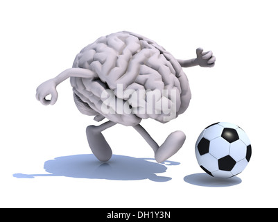 menschliche Gehirn mit seinen Armen und Beinen laufen mit einem Fußball, 3d illustration Stockfoto