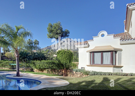 Palme geschwungene Swimmingpool im gepflegten Garten des Landhaus-Villa in Südspanien Stockfoto