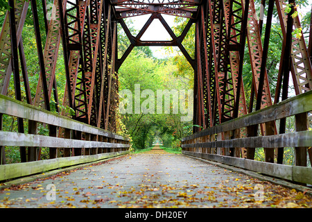 eine alte Gusseisen gedeckte Brücke auf einem Radweg in den Wald von Wisconsin Stockfoto