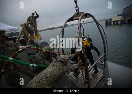 VIRGINIA BEACH, Virginia (23. Oktober 2013) Segler aus Mobile Tauchen und Salvage Unit 2 (MDSU 2) führen eine Oberfläche Versorgung Tauchbetrieb während der Präsentation einer technischen Demonstration zum Vice Admiral William Moran, Chief of Naval Personnel. MDSU 2 ist ein Expeditionskorps Stockfoto