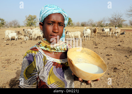 Eine Fulbe-Frau präsentiert Kalebasse mit frischer Milch, Burkina Faso Stockfoto