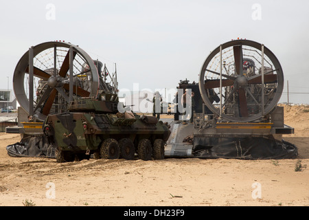 Segler aus Assault Craft Einheit (ACU) 4 direkt ein leichtes gepanzertes Fahrzeug (LAV) an Bord ein Landungsboot Luftkissen (STERNS) während der STERNS Operationen mit dem amphibischen Angriff Schiff USS Kearsarge (LHD-3). Kearsarge ist als Teil der Kearsarge Amphibious bereitgestellt. Stockfoto