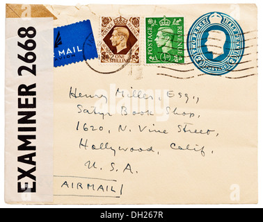 1942 britischen zensiert Umschlag mit König George VI Briefmarken adressiert an Autor Henry Miller, Kalifornien, USA. Stockfoto