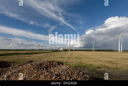 Windkraftanlagen in einem Feld mit Kies an der Front, Husum, Schleswig-Holstein Stockfoto