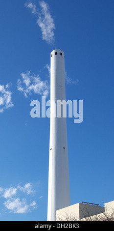 Dieser Schornstein ist Teil einer Verbrennungsanlage, in der Abfallmaterialien bei hohen Temperaturen verbrannt werden. Die Verbrennung ist ein Abfallbewirtschaftungsprozess, der dazu beiträgt, das Abfallvolumen zu reduzieren und Energie in einigen Systemen zu erzeugen. Stockfoto
