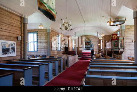 Flakstad Kirke, der rote Stab Kirche Flakstad, Holzkirche, Interieur, Flakstad, Flakstadøy, Lofoten, Nordland, Norwegen Stockfoto