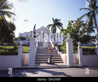 Statue von Christopher Columbus auf Schritte zum Government House, Duke Street, Nassau, New Providence, Bahamas Stockfoto