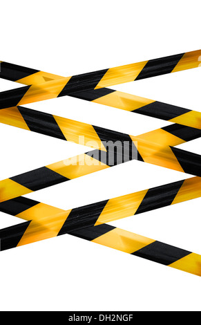 Schwarz und Gelb Vorsicht gestreifte Bänder isoliert auf weißem Hintergrund Stockfoto